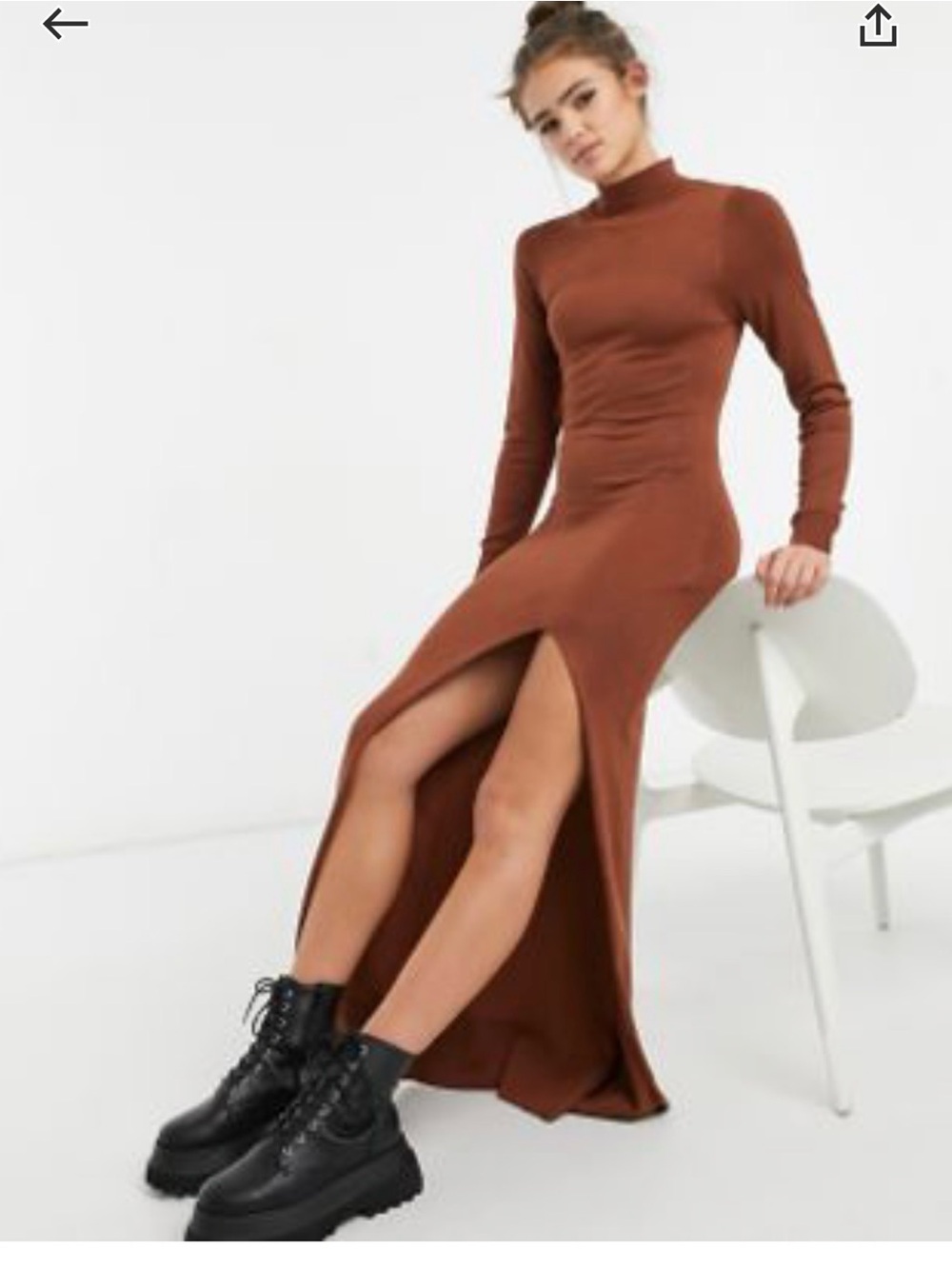 Girl In Mind Brown Long Sleeve High Neck Maxi Dress with Front Slit